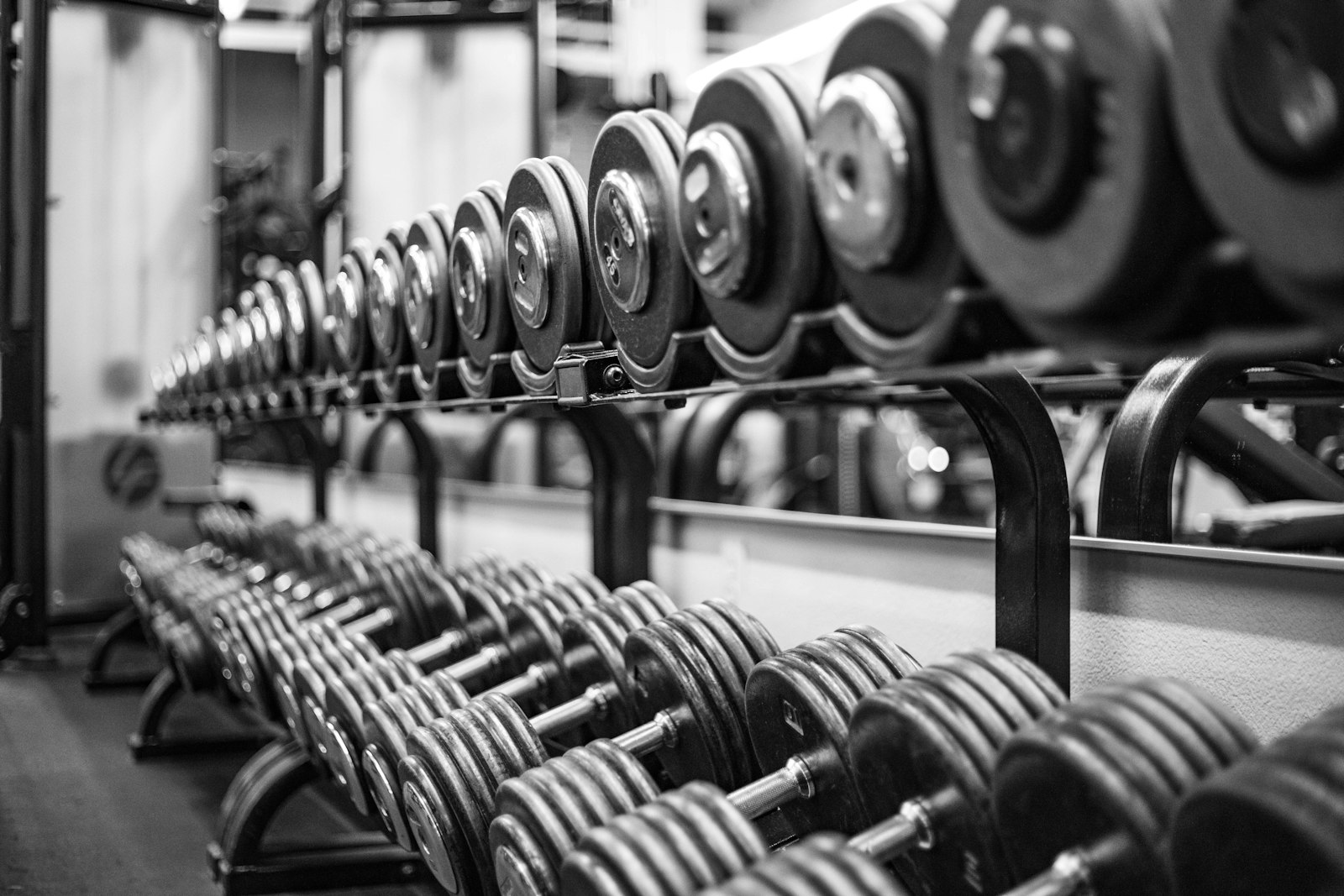 Rows of dumbbells on a rack, black and white