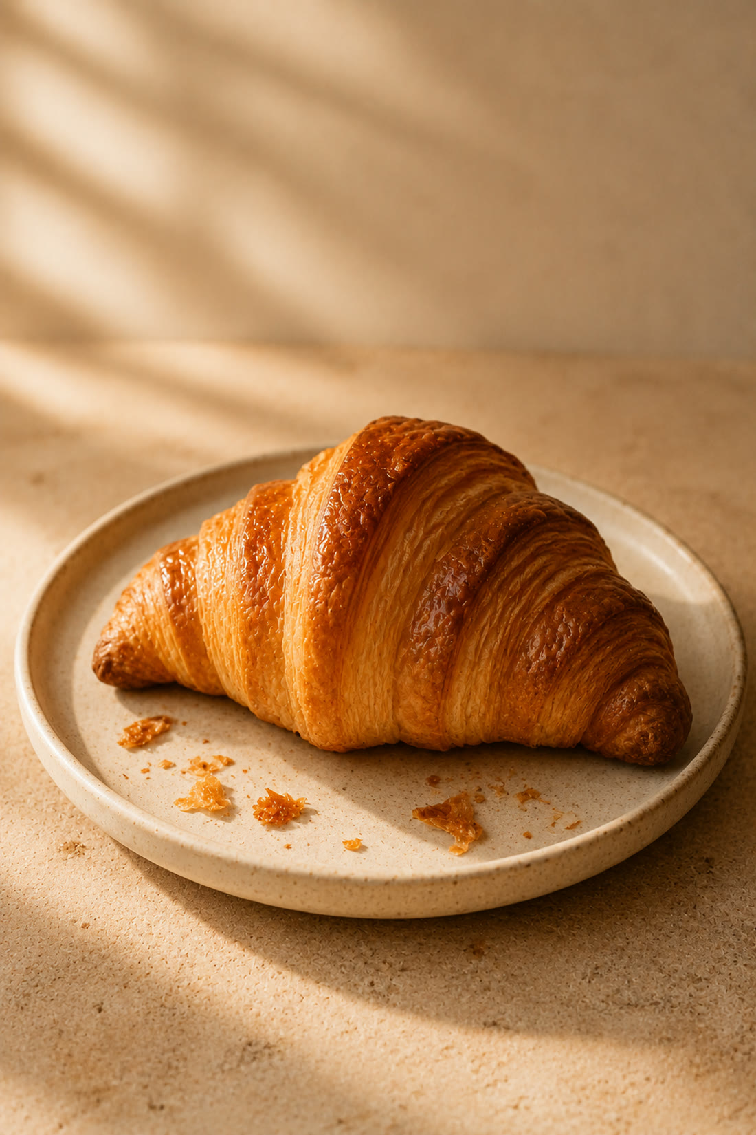 Golden flaky butter croissant on a plate