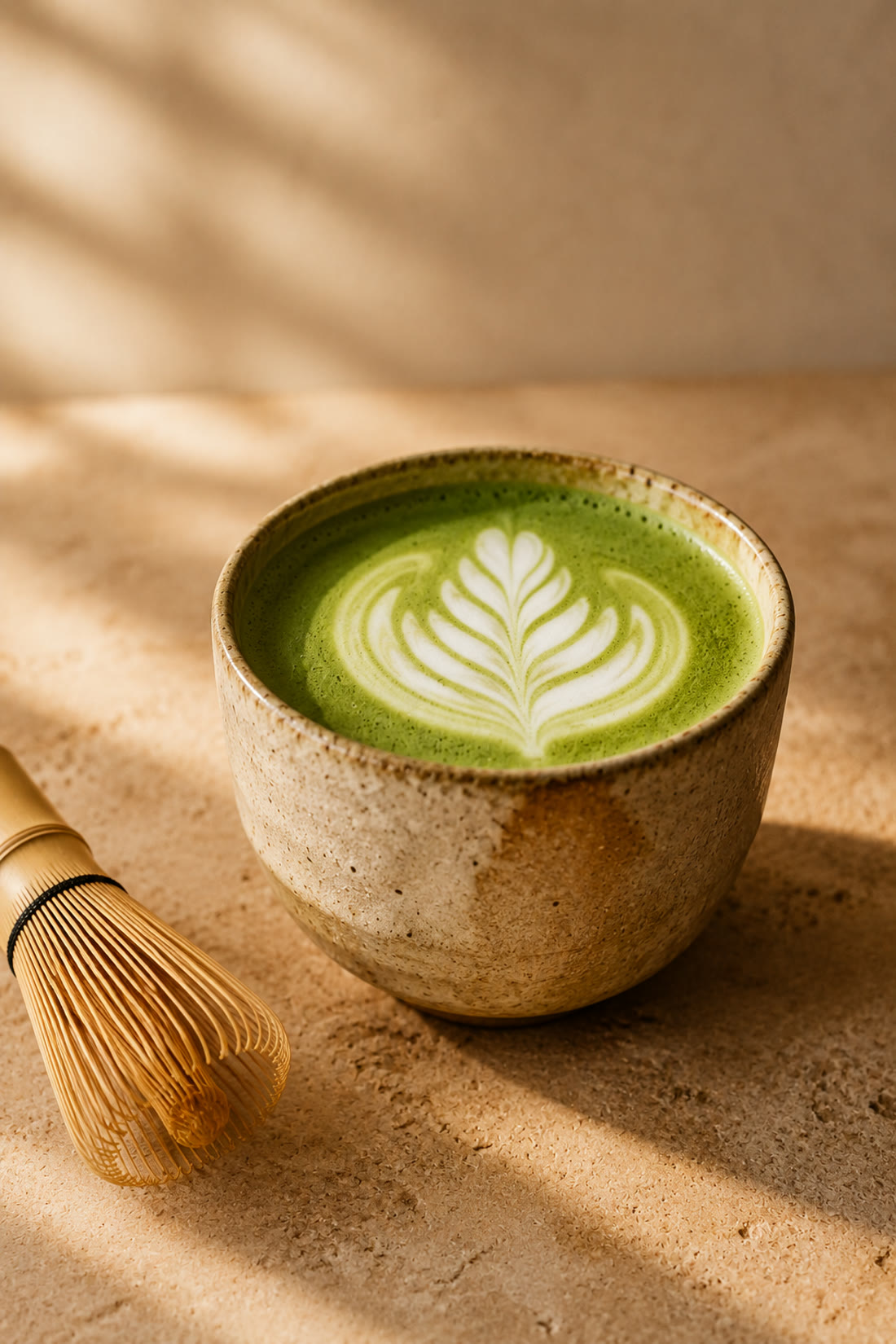 Ceramic cup of matcha latte with leaf art